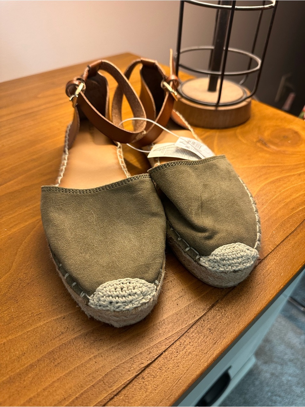 Old Navy Olive Espadrille Flats with Brown Ankle Straps